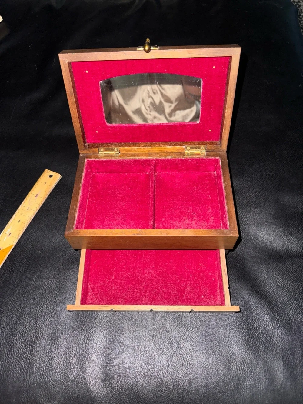 Vintage wood jewelry box with red velvet interior and mirror 5x8 inches MCM